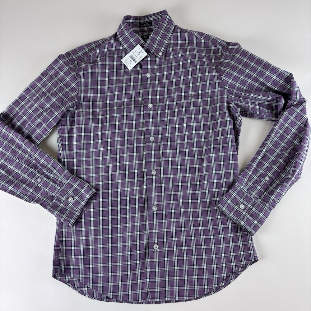 New J.Crew Small Flex Washed Slim Untucked Button Down Shirt Purple Plaid NWT